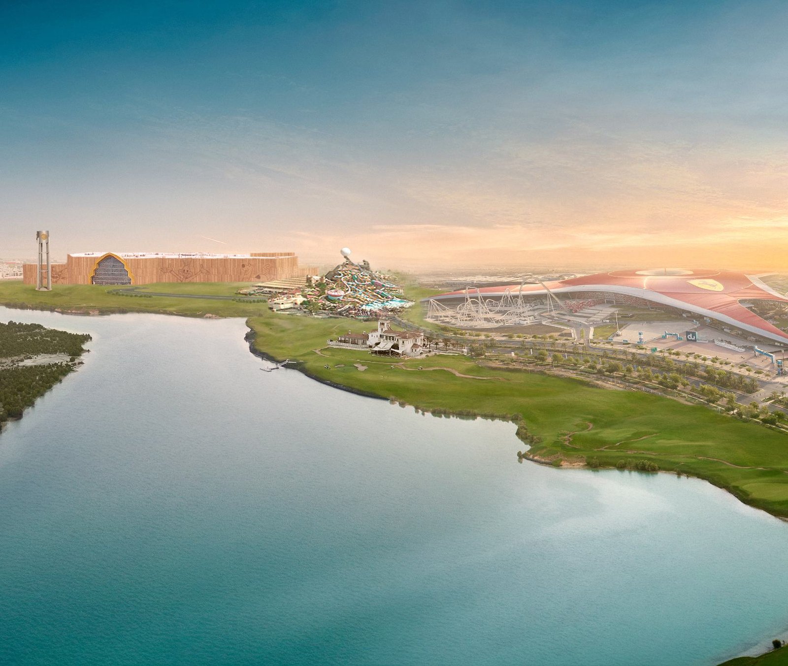 Aerial view of Yas Island at sunset